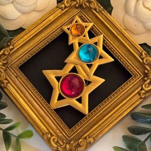 Matte Gold Shooting Star Brooch with Colorful Cabochons